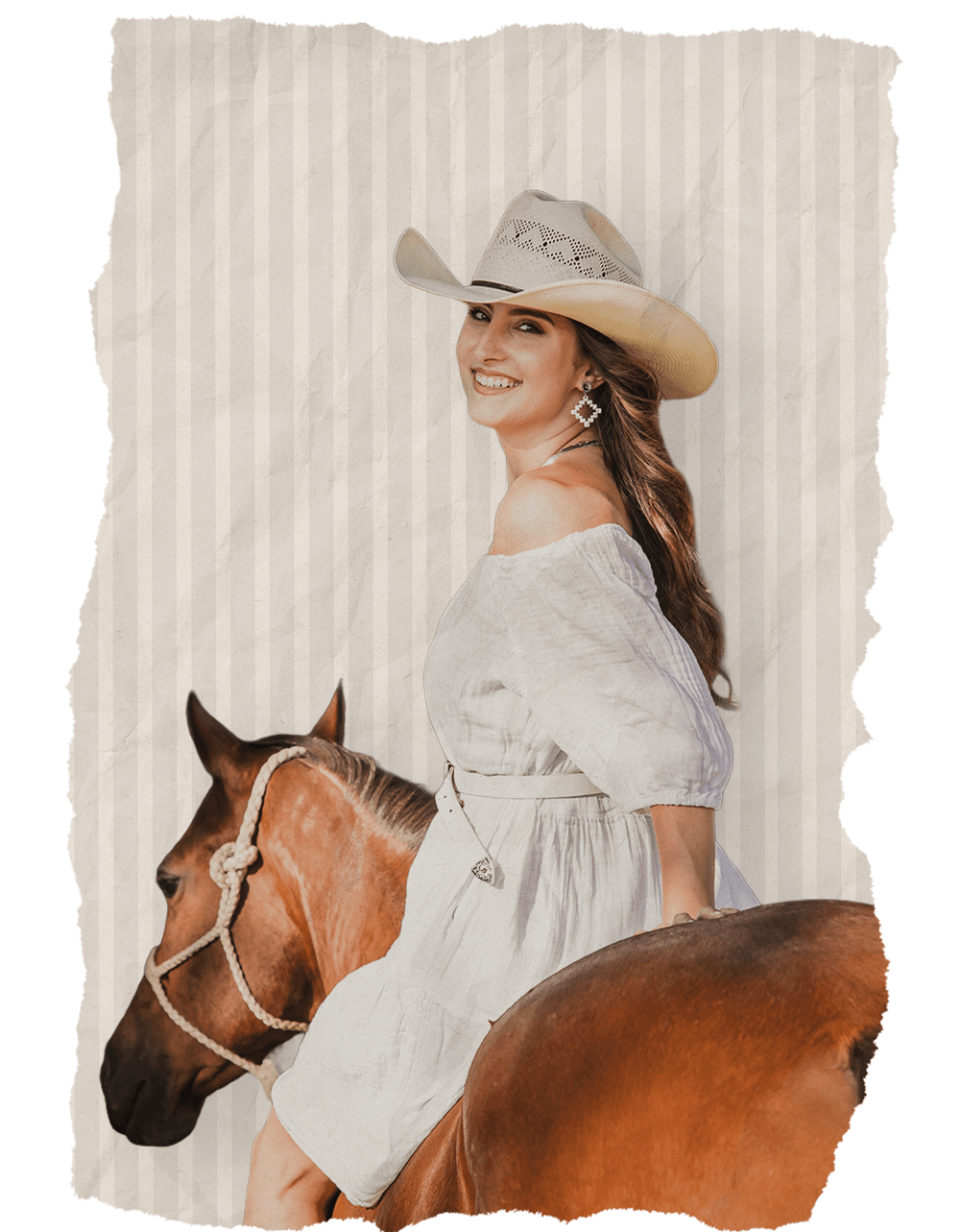 ]Portrait of graphic designer riding a horse, smiling in a cowgirl hat and dress against a tan and cream paper-textured background.