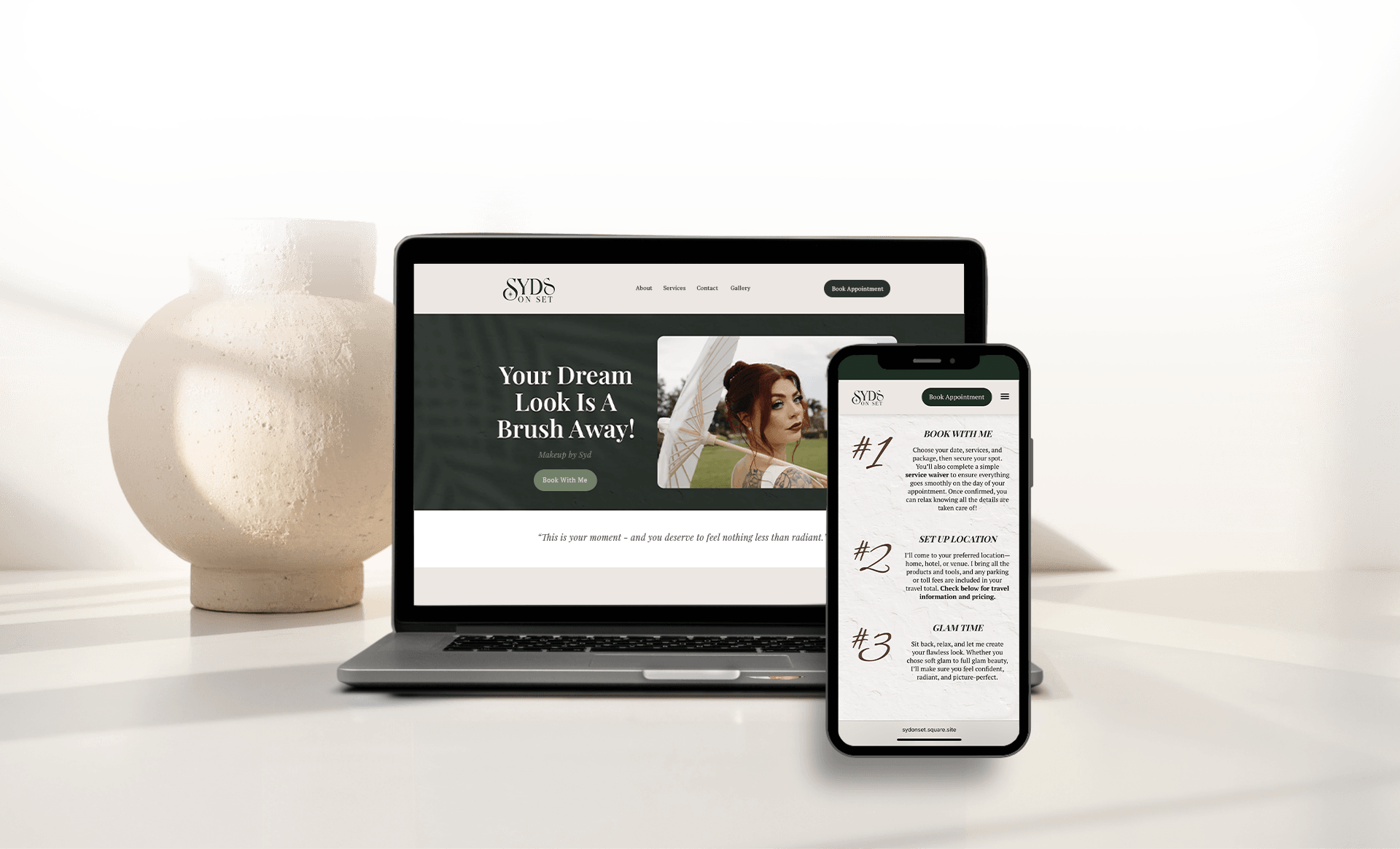 Responsive website design for Syd's On Set, showcasing a custom classy and timeless makeup artist website on desktop and mobile.