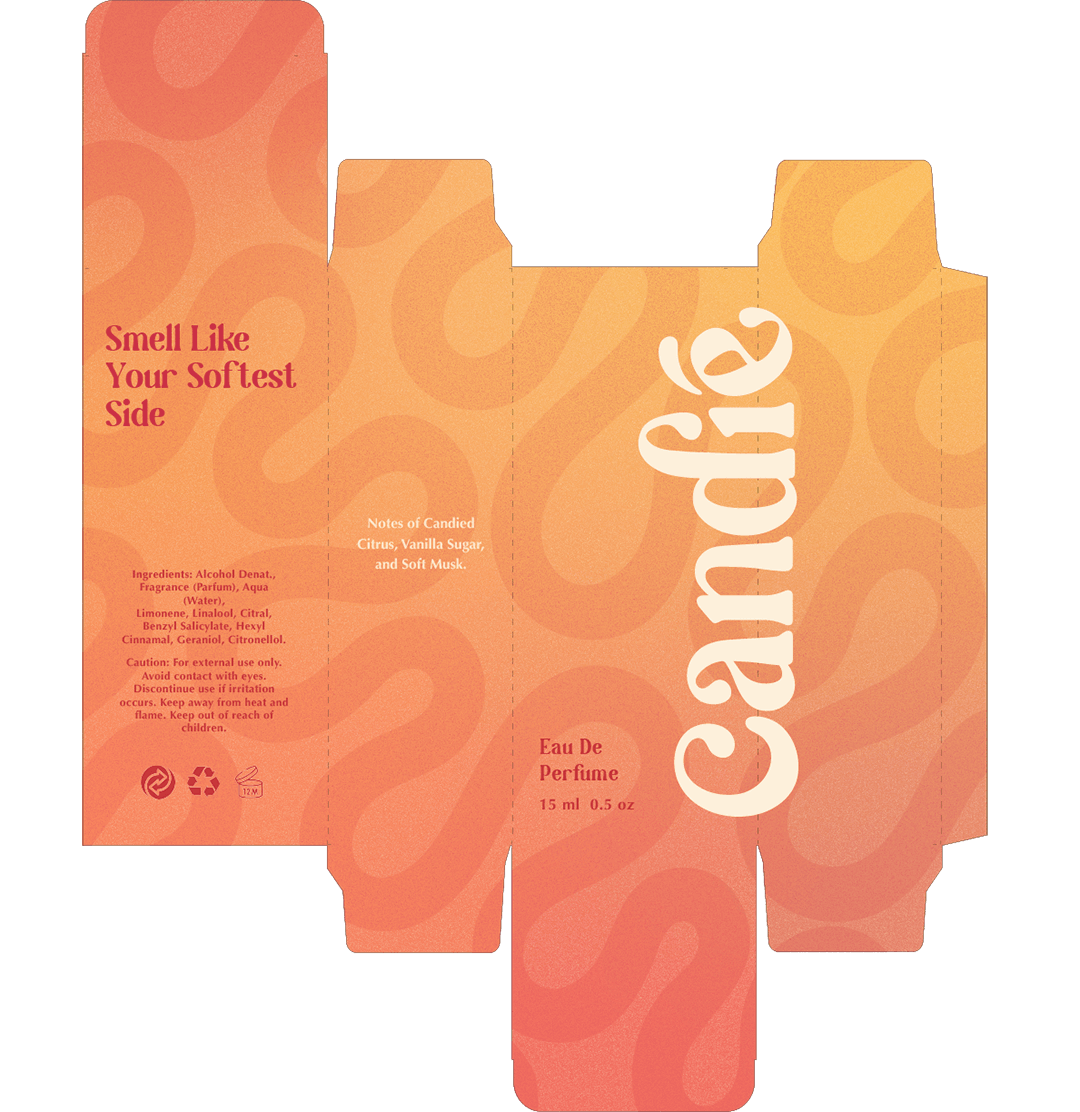 Flat packaging dieline design for the Candié perfume brand featuring custom branding, a warm orange and peach gradient, flowing graphic elements, and clear hierarchy.