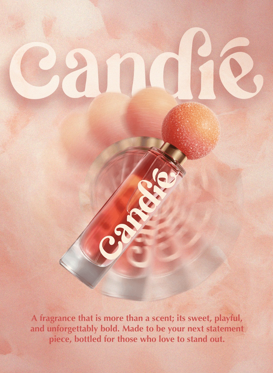 Print flyer design for Candié perfume featuring the fragrance bottle with a layered motion effect, the primary logo, promotional typography, and a soft textured background.