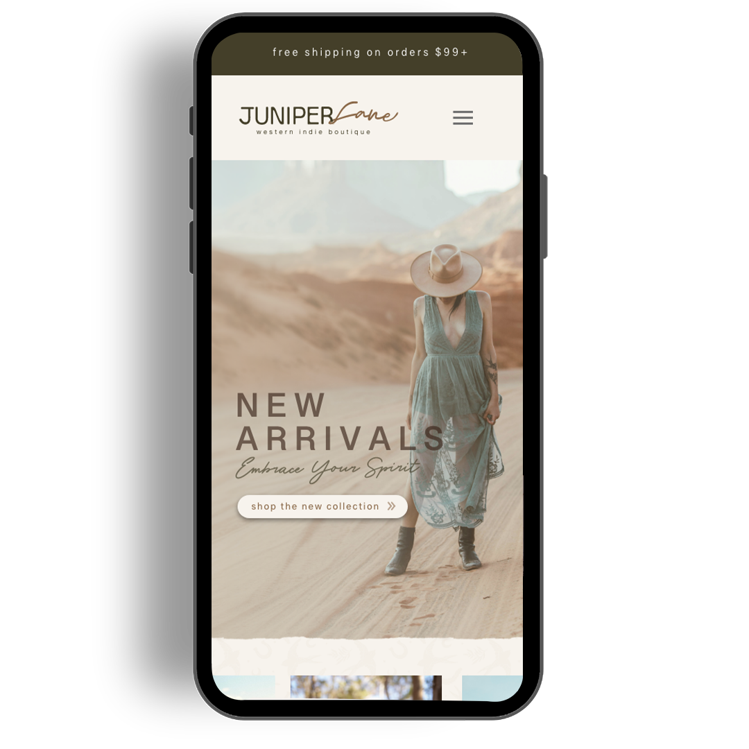Responsive mobile homepage for western indie boutique featuring elevated typography, earthy color palette, and easy navigation.
