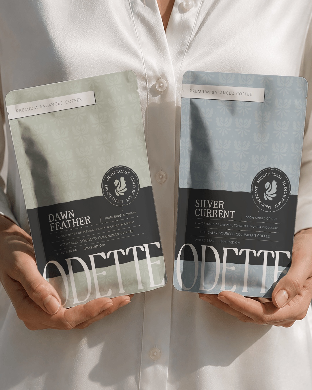 Luxury coffee packaging mockup showcasing custom branded coffee bags with sophisticated typography, premium label design, and cohesive visual identity.