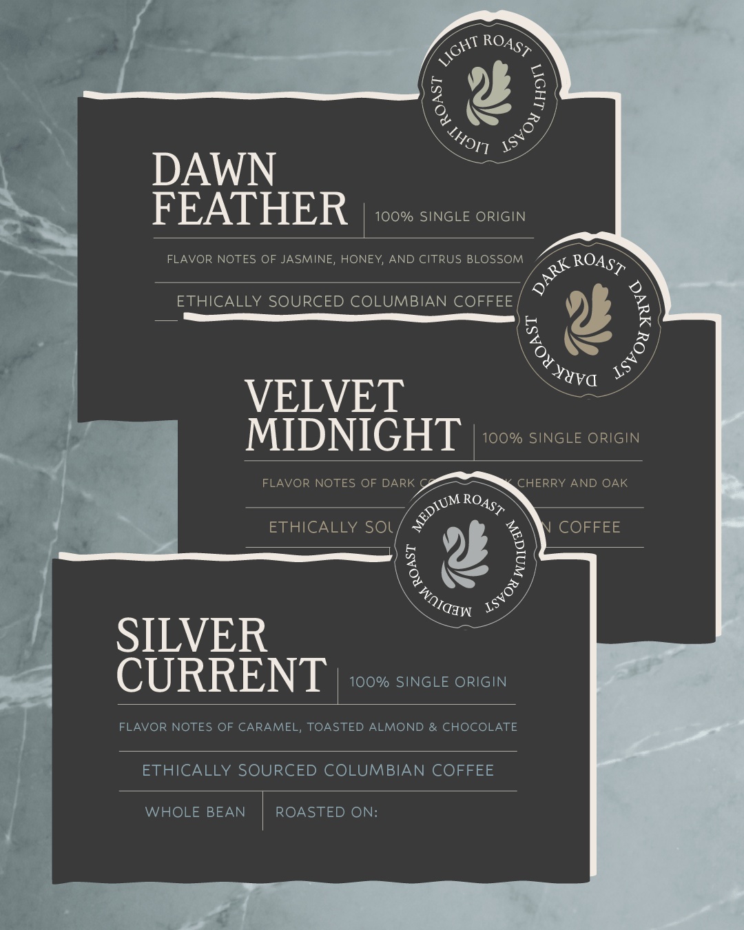 Custom label design for coffee brand featuring submark, elevated typography, and clean, organized layout.