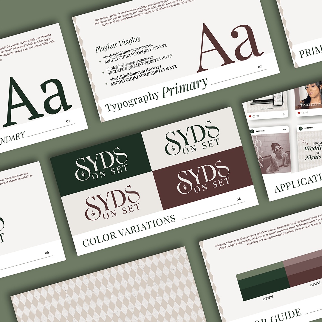 Brand guidelines displaying logo variations, typography, color palette, visual identity elements, and branding standards for a luxury beauty brand