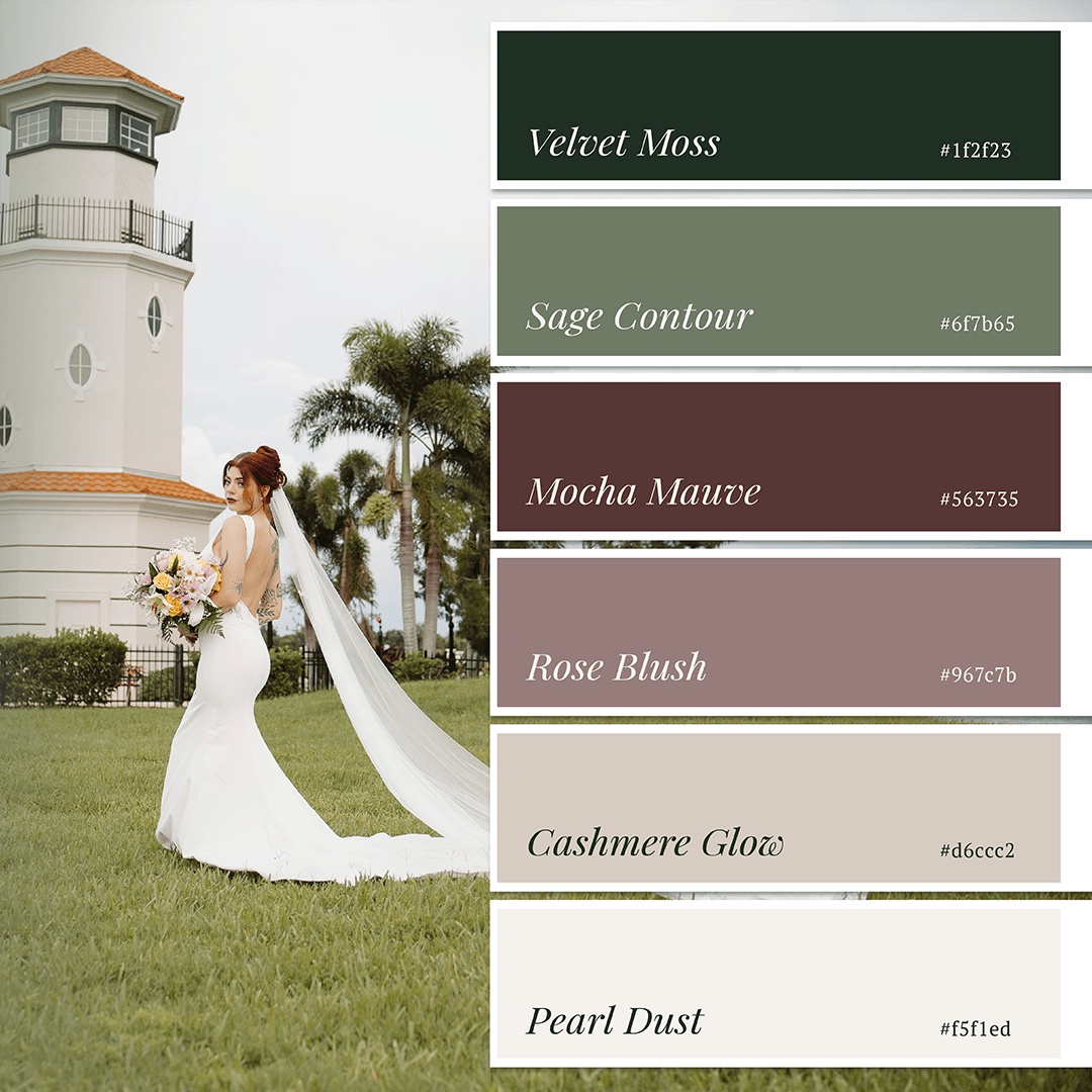 Brand color palette showcasing carefully selected earthy green, mauve, taupe, cream, and neutral tones used to create a elevated and elegant visual identity system