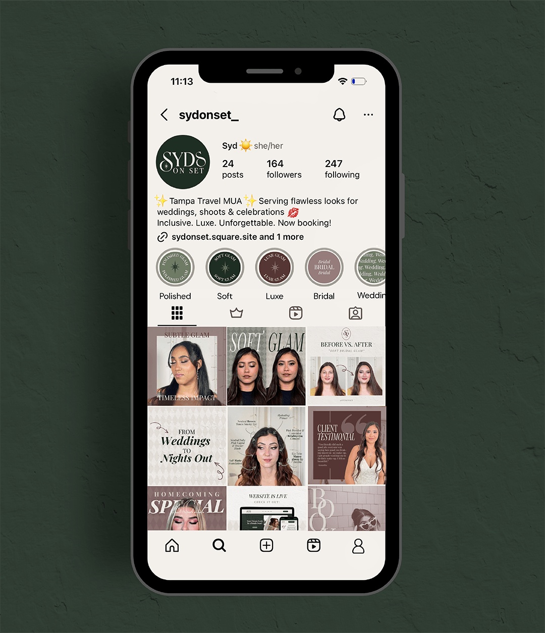 Instagram profile design showcasing cohesive social media branding, custom Instagram post templates, branded highlight covers, and luxury beauty brand identity on green background.
