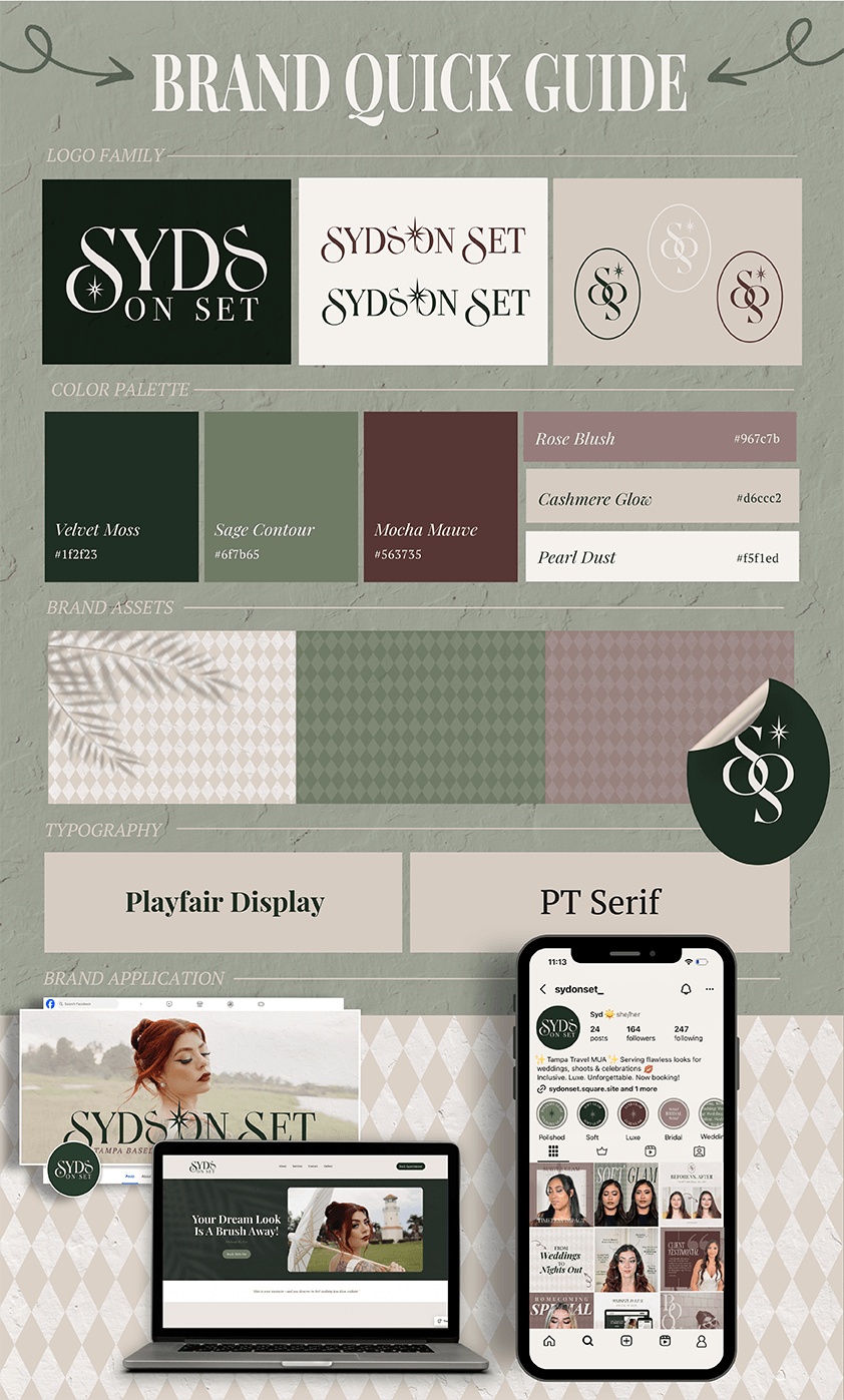 Quick brand guide showcasing Syds On Set brand identity, including logo variations, color palette, brand pattern, typography, brand assets, and branded applications with a sophisticated, feminine, earthy visual identity.
