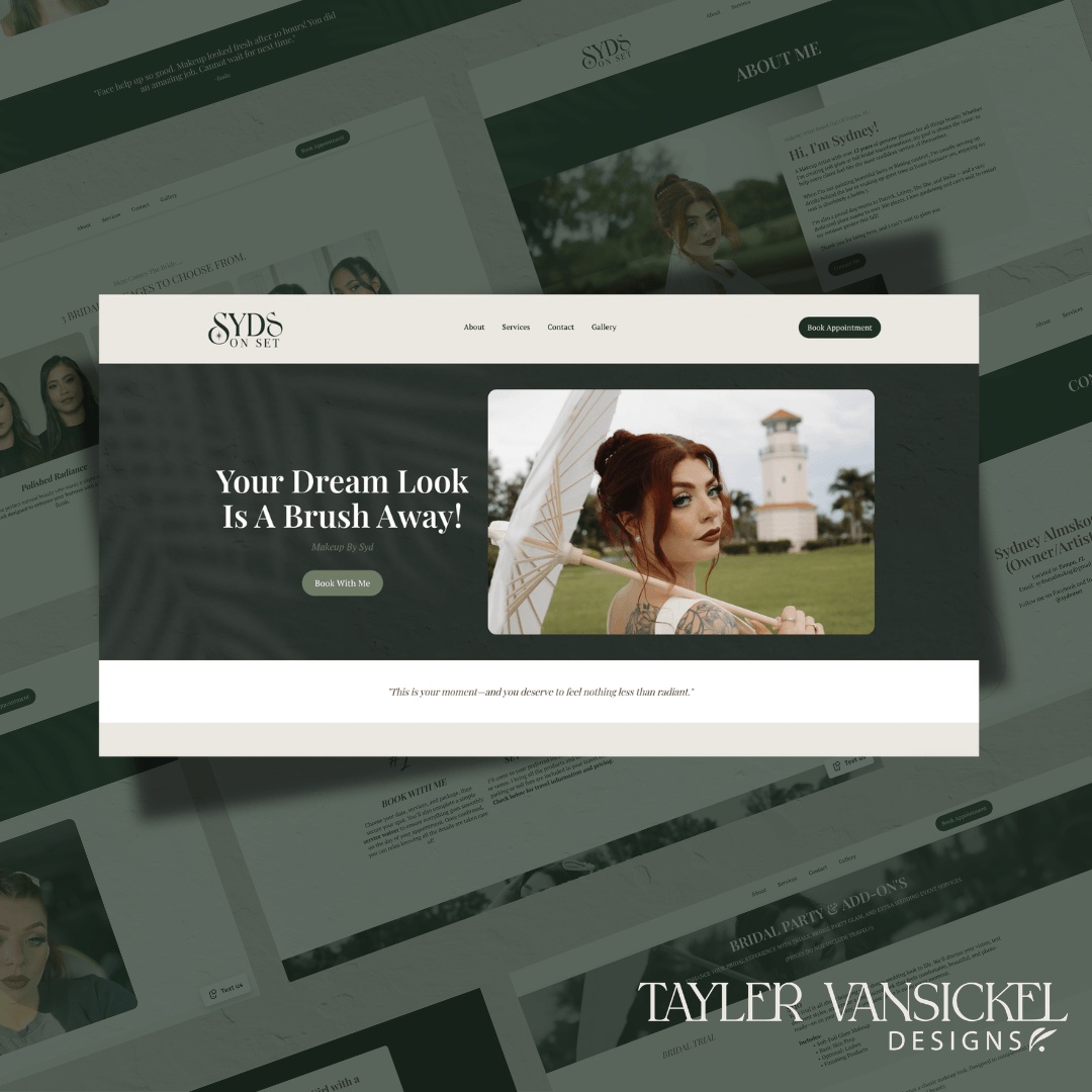 Home page hero design of syds on set behind collection of website pages.