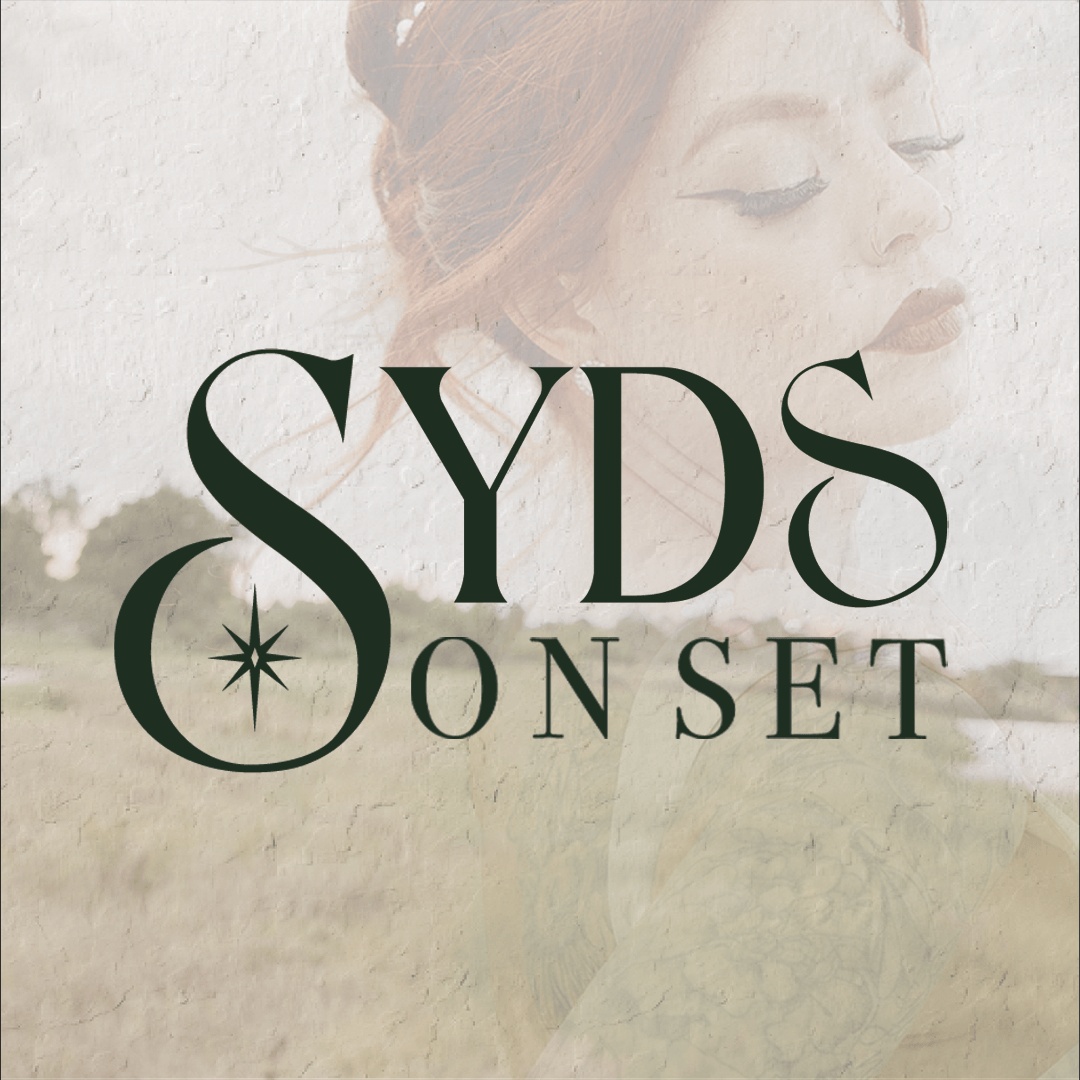Brand identity logo design for Syd's Onset featuring elegant serif typography with a star icon, displayed over a soft editorial portrait for a feminine boutique brand.