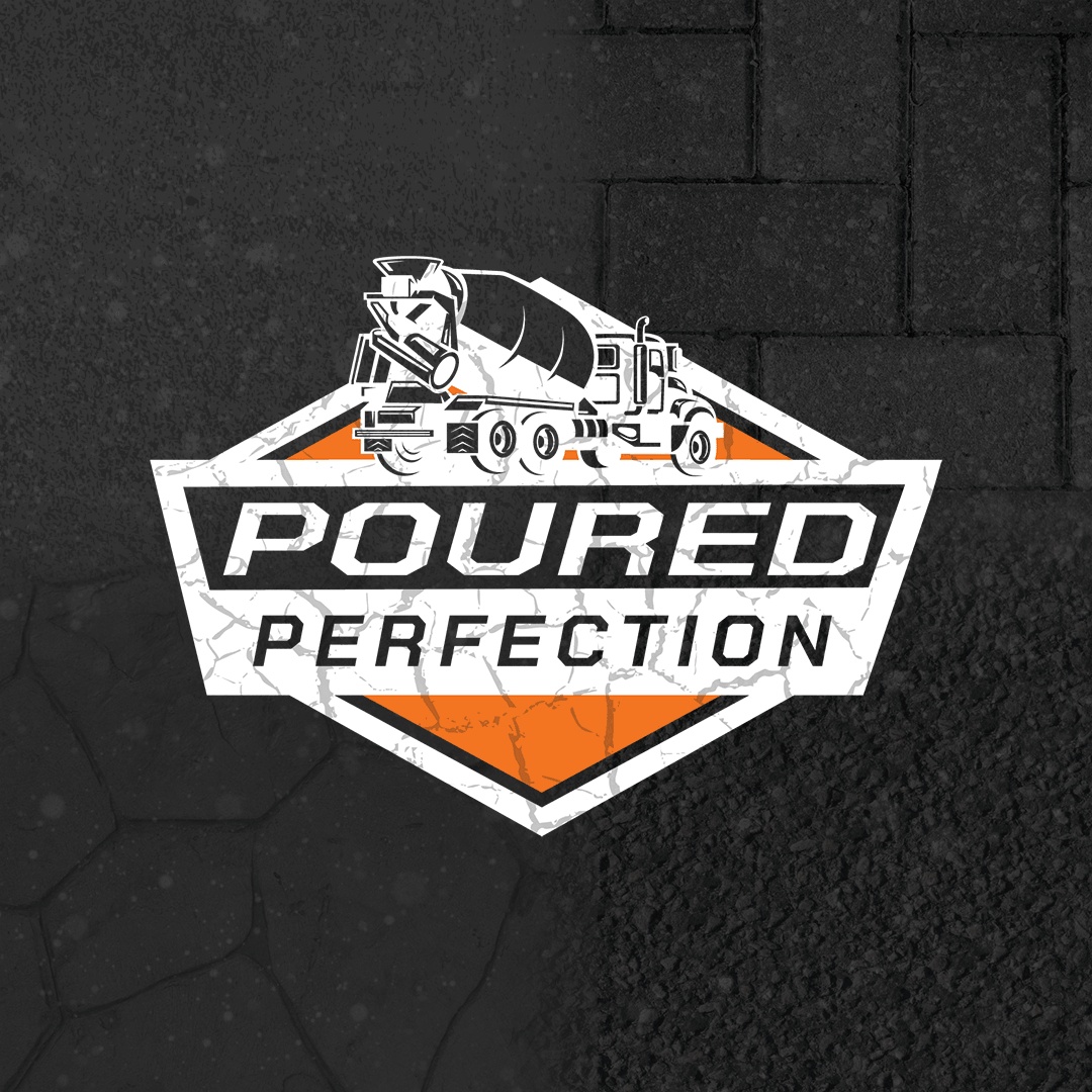 Custom logo design for Poured Perfection concrete contractor featuring a cement mixer truck, bold industrial typography, and industrial shield emblem.